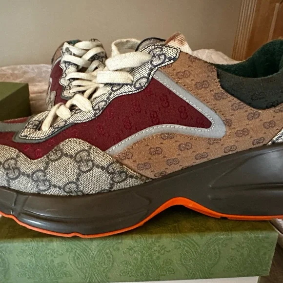 Gucci Burgundy and Green Monogram Sneakers